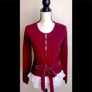 Burgundy Red Cardigan Sweater: Velvet Waist Tie, Cream Lace Fringe Accent, Sz. S